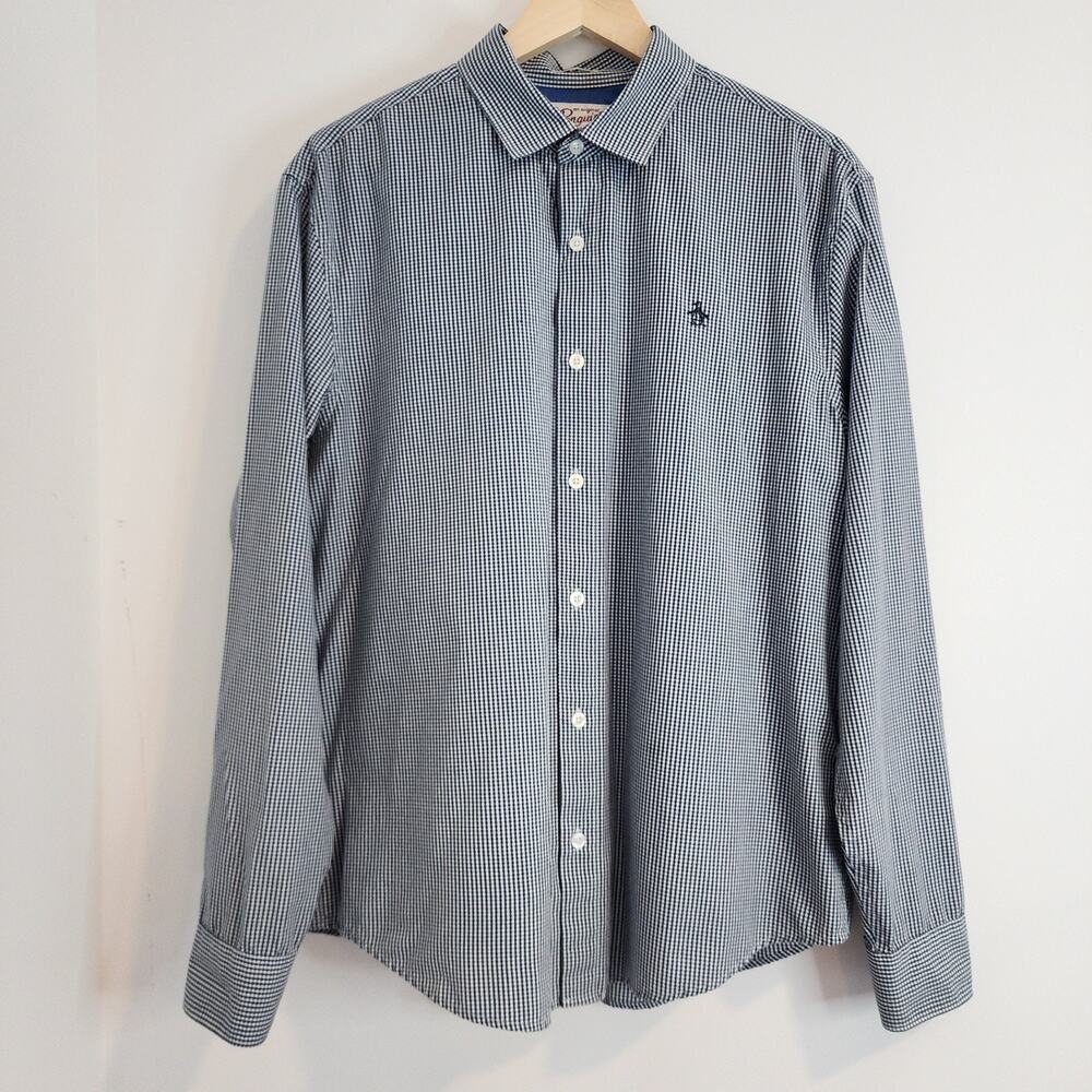 Penguin Mens Large Blue Gingham Classic Fit Long Sleeve Button Down Shirt